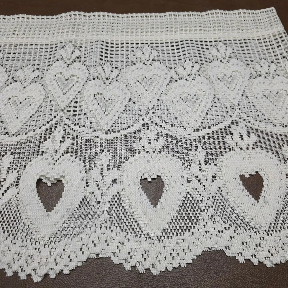 Vintage White Lace Heart Valances 3 Panels Scalloped Cafe Curtain RN 69491